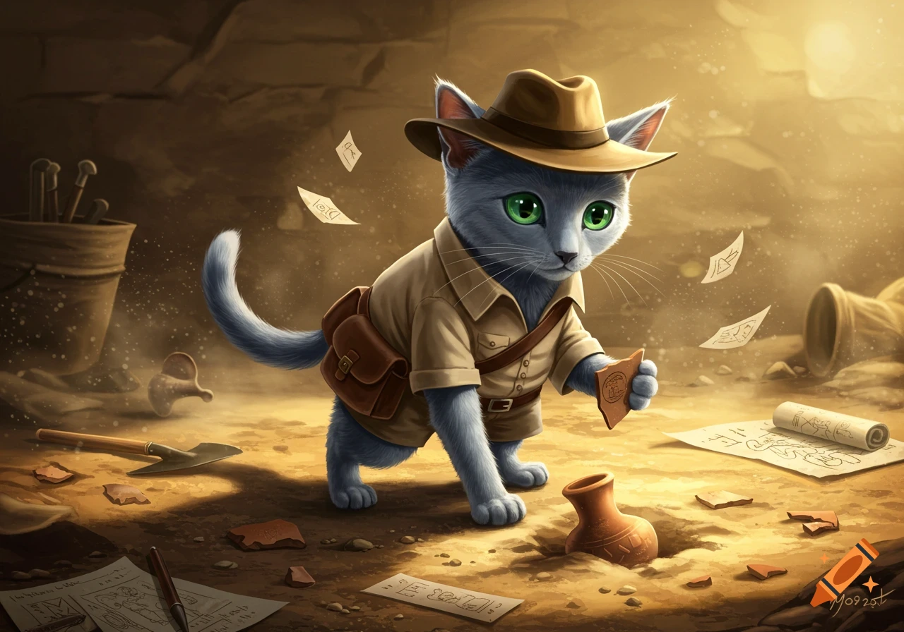 A cute Russian blue cat dressed as an archaeologist, wearing a fedora and holding a pottery shard in a dimly lit dig site, surrounded by tools and ancient papers.
