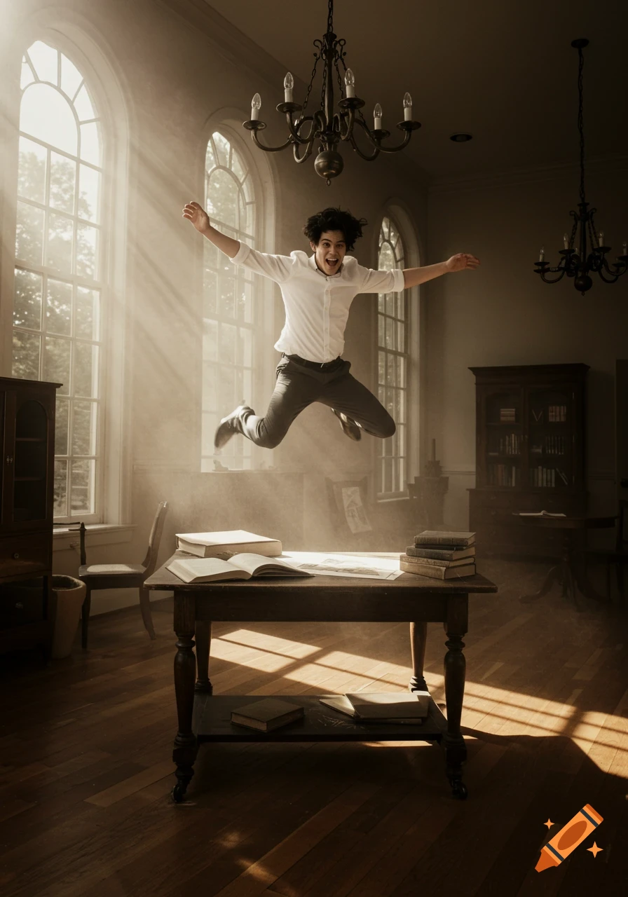 A young man with dark curly hair leaps joyfully over a wooden table laden with books in a sunlit room with large arched windows.