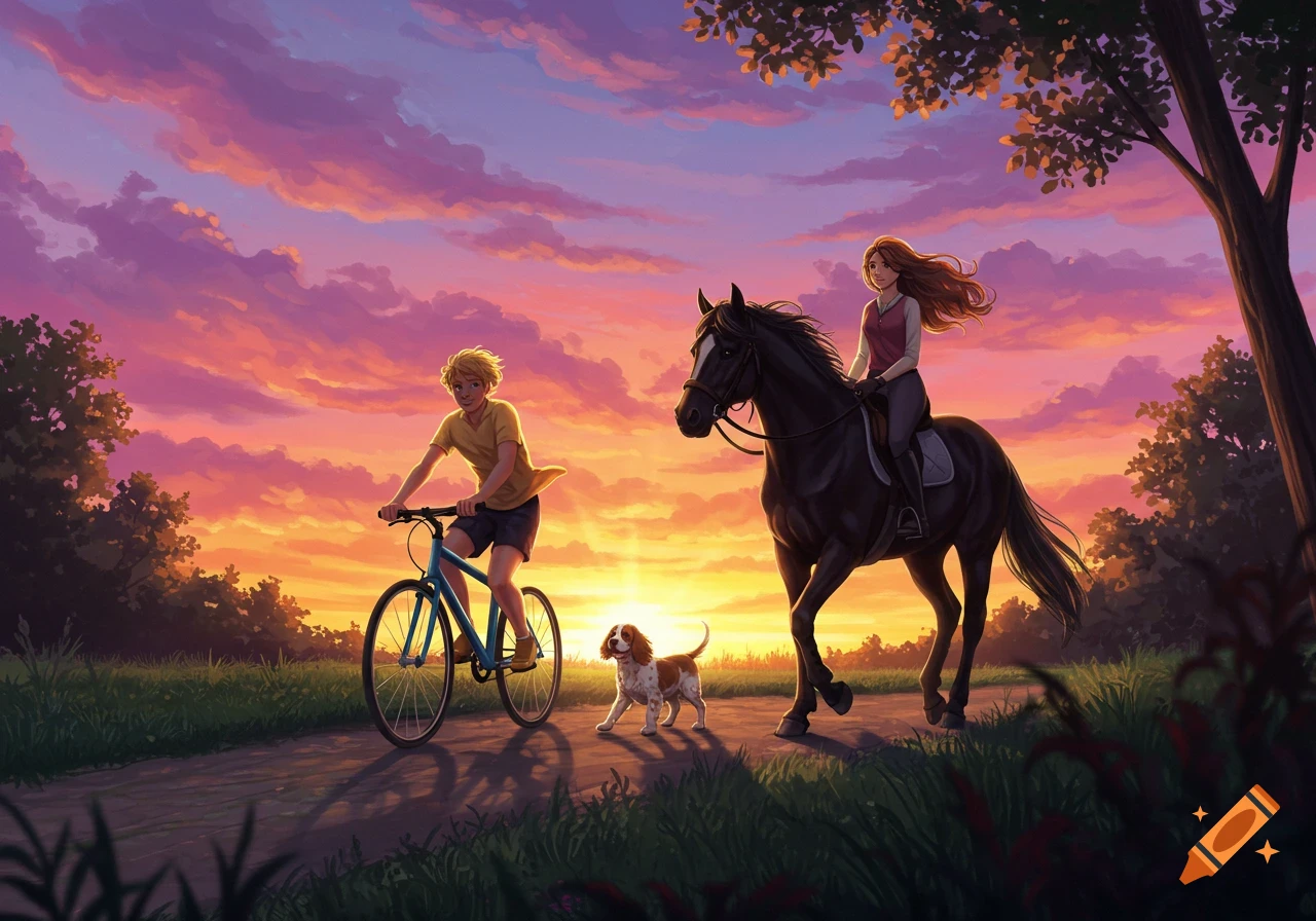 Illustrated scene of a blonde boy on a bike, a girl on a black horse, and a dog on a path at sunset.