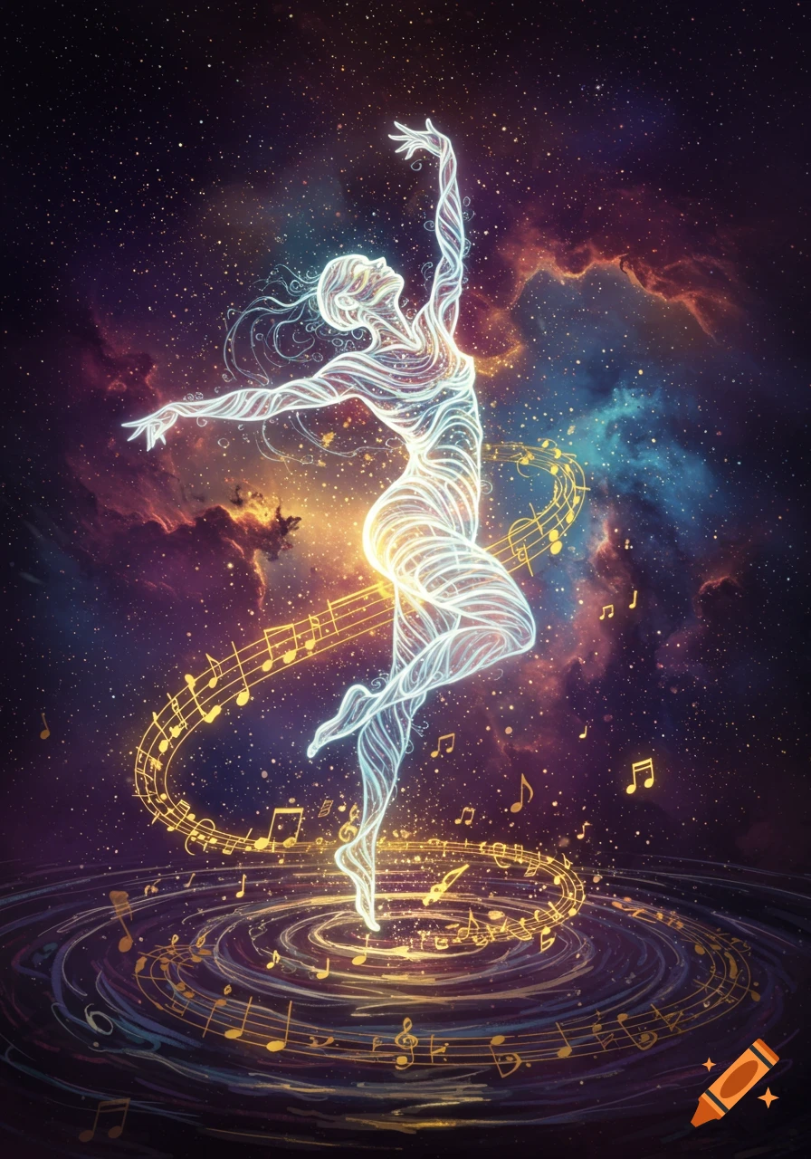 A glowing, ethereal figure dancing amidst a swirling stream of musical notes and a cosmic, starry nebula background.