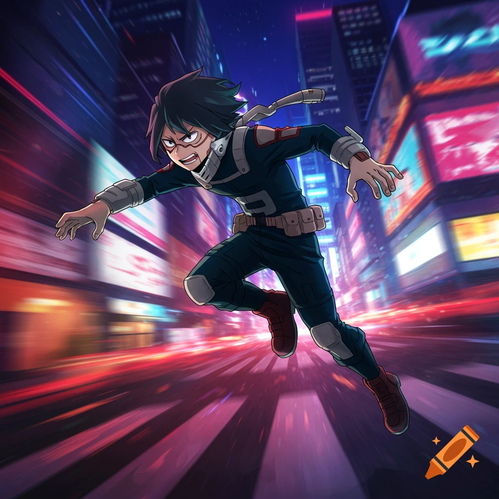 Anime character Koichi Haimawari running through a neon-lit city at night with motion blur.