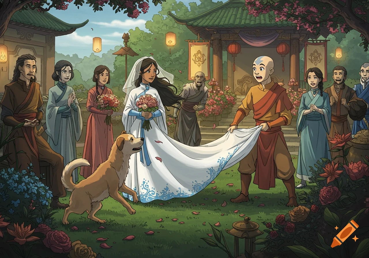 Aang holds Katara's wedding dress, decorated with blue water symbols, as a playful brown dog runs through a flower-filled garden.
