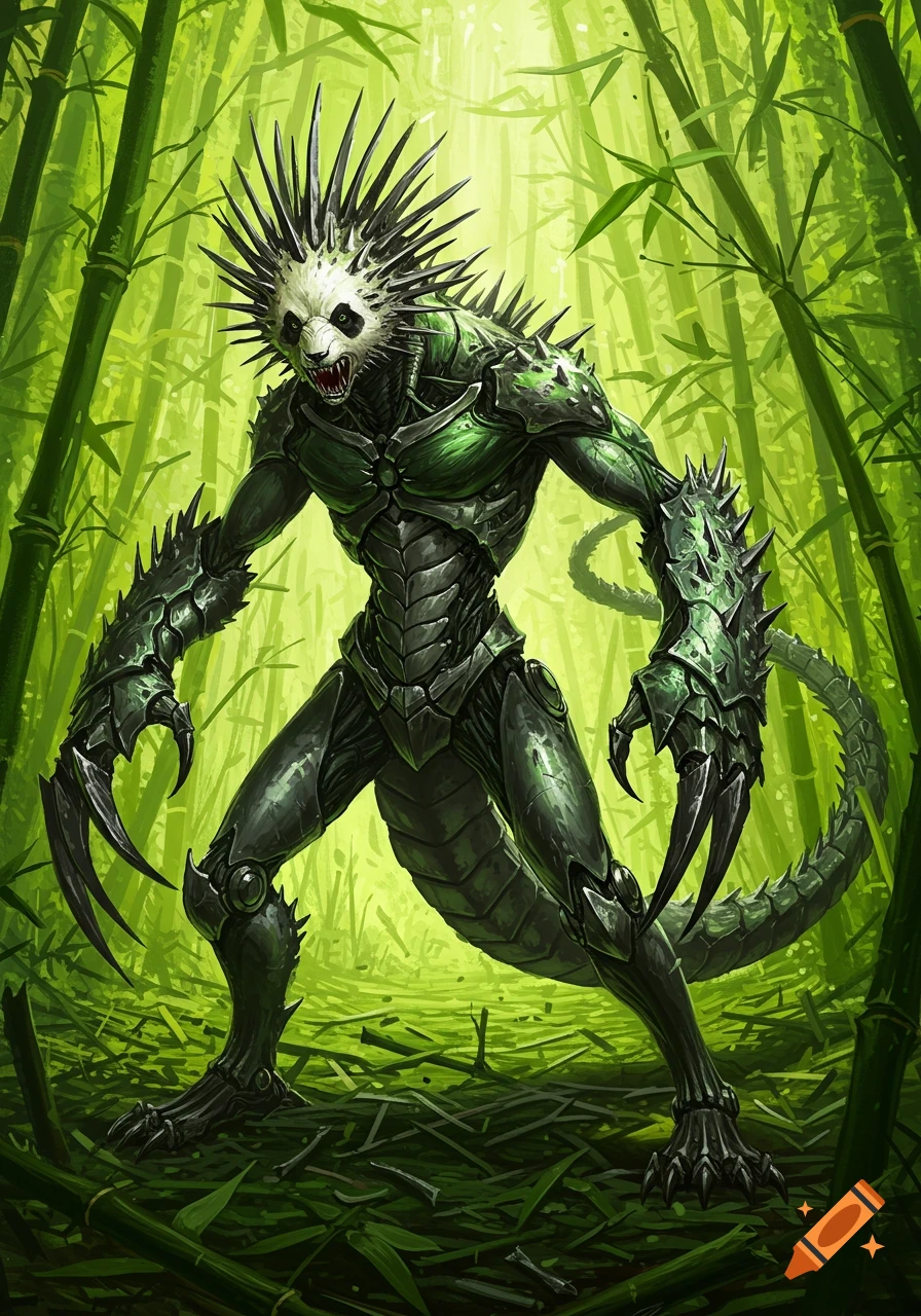 A fierce bio-organic monster with a panda head, sharp metal quills, mantis-like claws, and a reptilian tail stands in a bamboo forest.