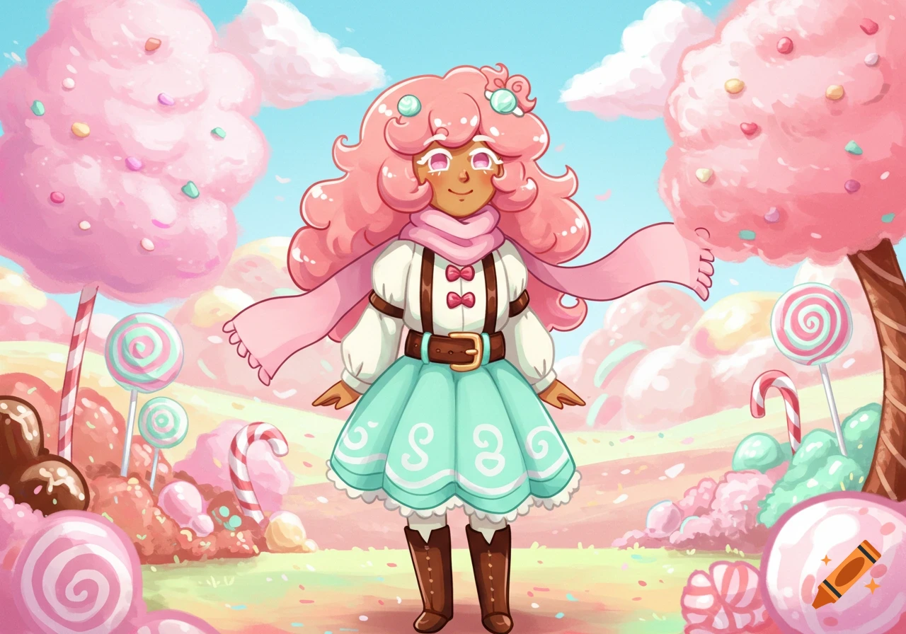 A smiling cartoon character with pink curly hair, brown skin, a pink scarf, white shirt, and mint green skirt stands in a colorful candy land.