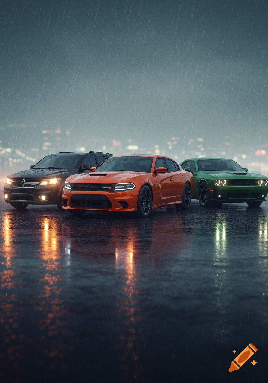 Photorealistic rendering of a black Dodge Journey, an orange Dodge Charger Hellcat, and a green Dodge Challenger on a rain-slicked street with city lights at night.