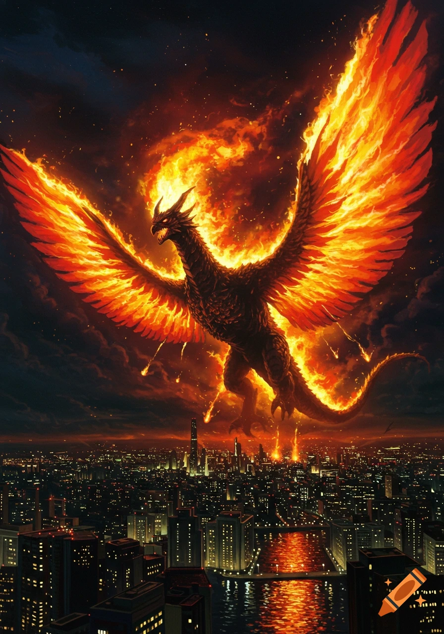 A fiery, winged Kaiju monster with glowing eyes flies over a city at night, with fire and debris falling. Illustrative style.
