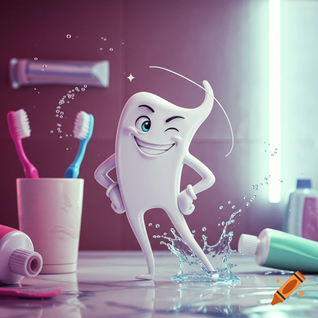 A mischievous, winking 3D cartoon tooth character splashes water in a bathroom scene with toothbrushes and toothpaste.