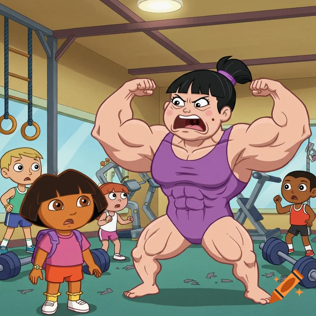 Cartoon of an enraged, muscular woman flexing in a gym as Dora the Explorer and other children watch in surprise.