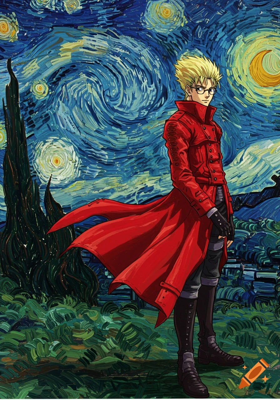 A blonde, spiky-haired anime character in a red trench coat and glasses stands against a swirling blue, yellow, and green background in the style of Van Gogh's "Starry Night."