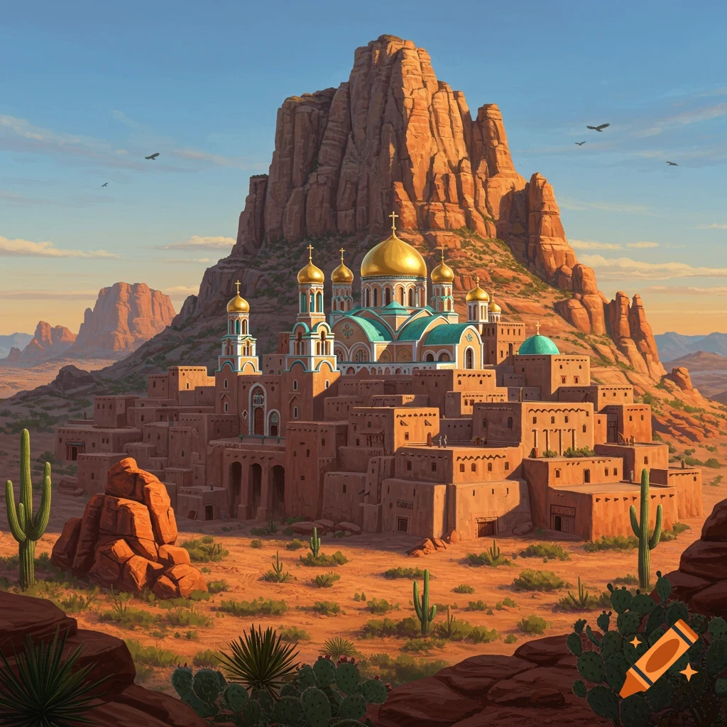 A stylized Christian Orthodox monastery with golden domes built into adobe structures on a desert mountain with cacti under a blue sky.