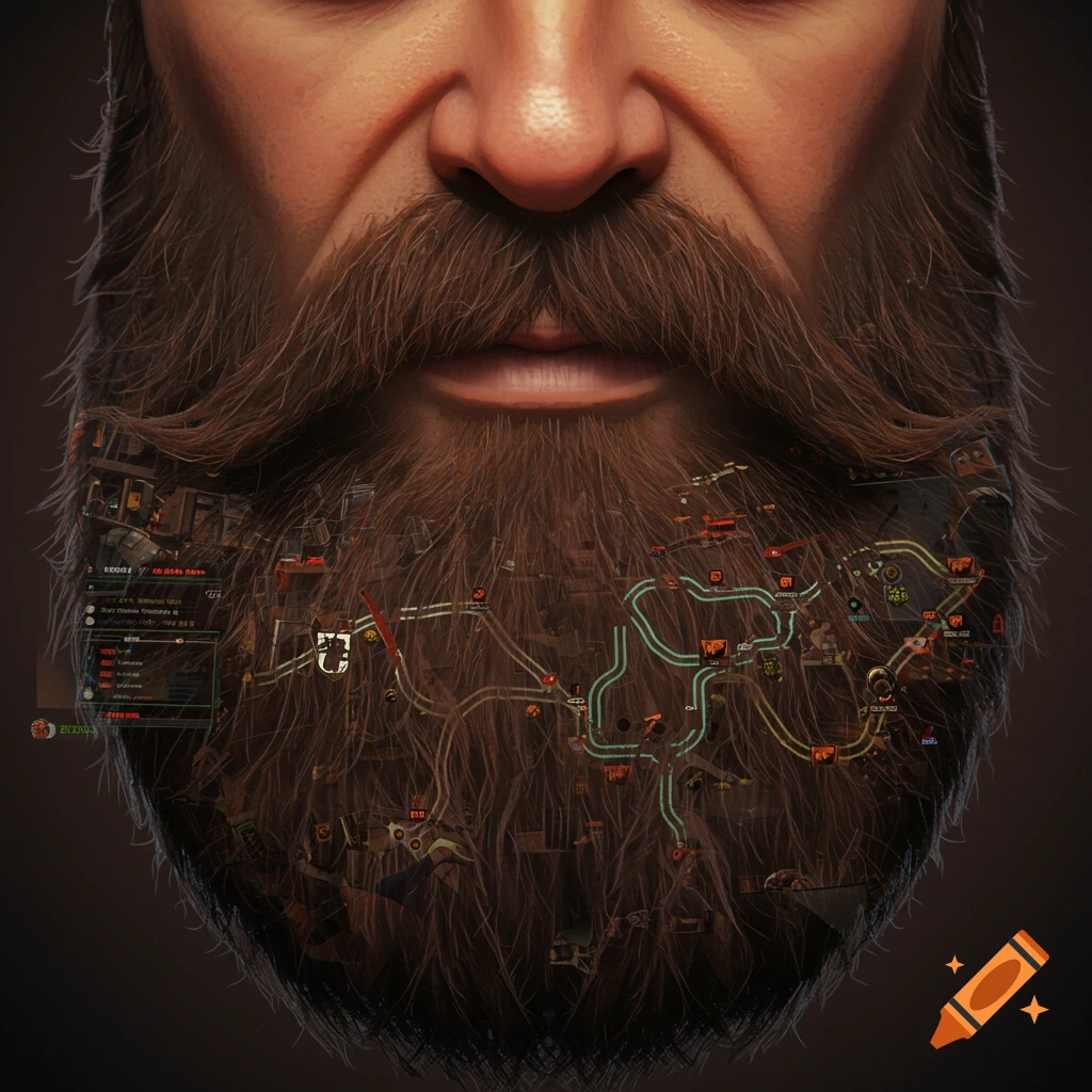 Close-up of a man's face with a detailed beard, inside which a futuristic digital map with glowing lines and icons is integrated.