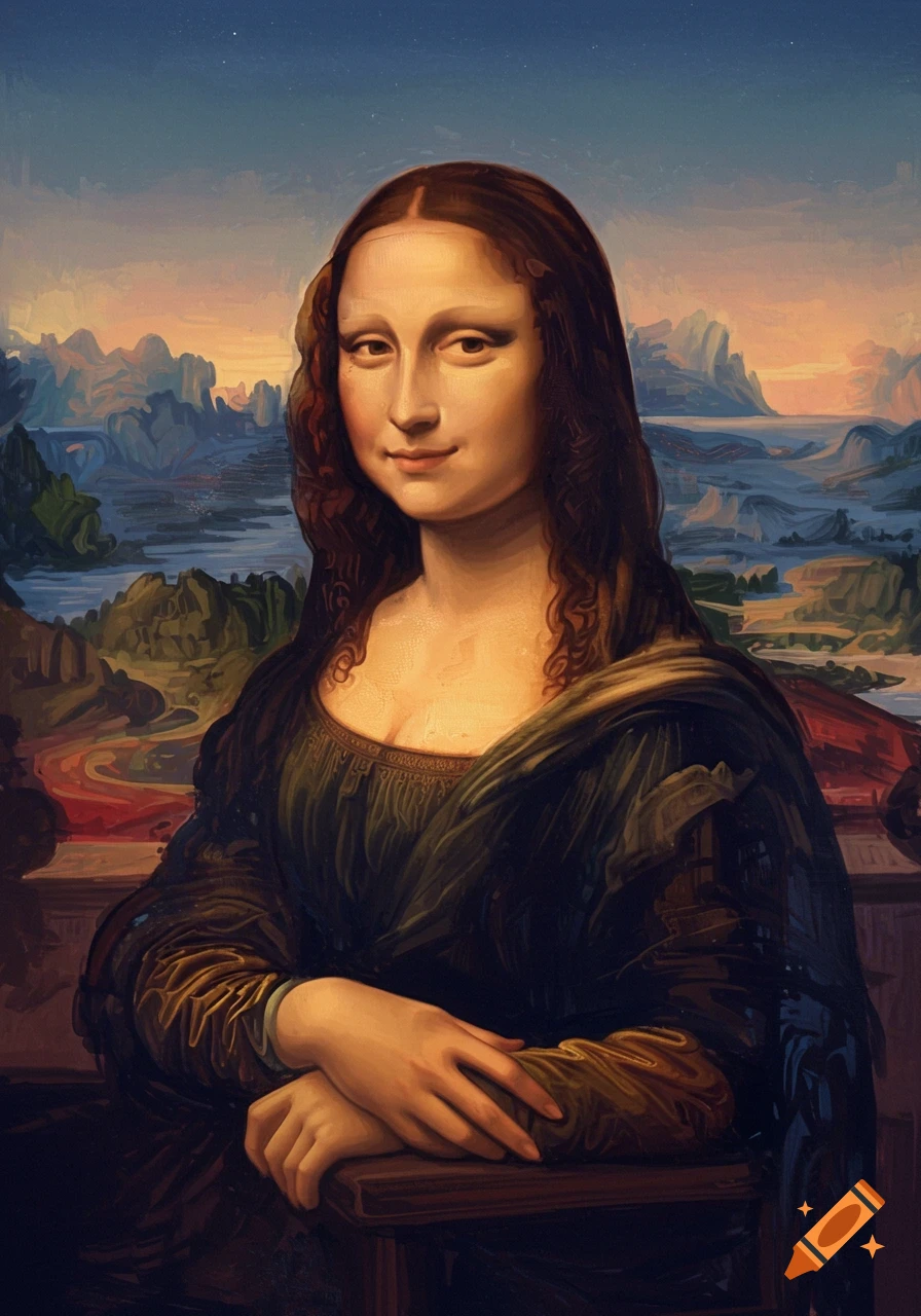 A stylized painting of the Mona Lisa, showing the woman with a slight smile and her hands crossed, against a distant landscape background.
