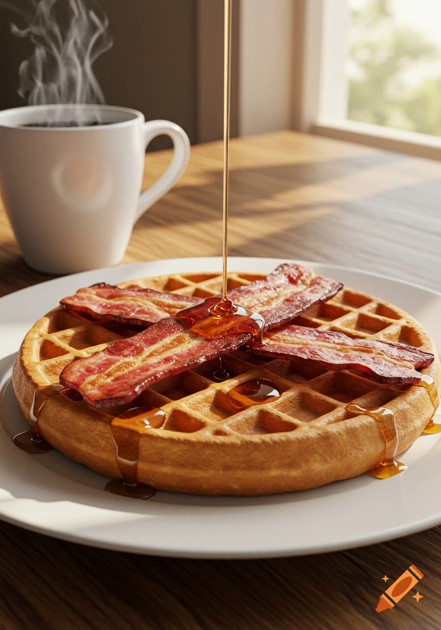 Syrup being poured onto a waffle with bacon next to a steaming cup of coffee on a wooden table.