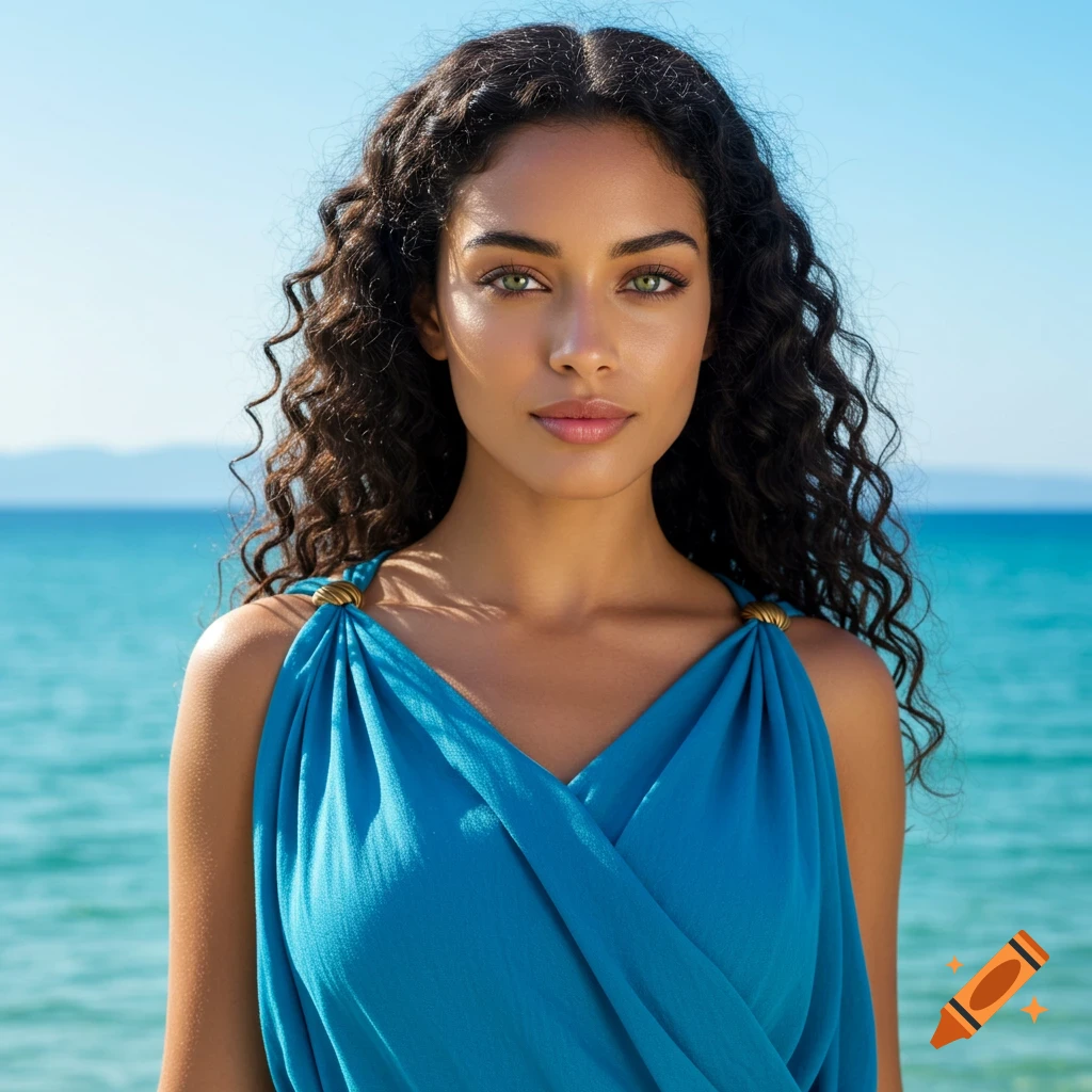 A photorealistic portrait of an ancient Greek woman with long dark curly hair and green eyes, wearing a blue chiton, against a bright blue ocean.