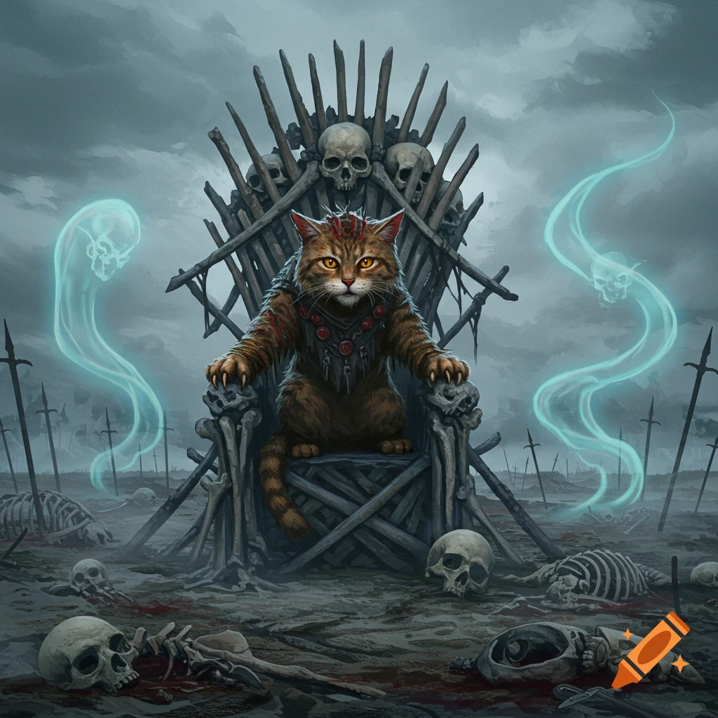 A regal, armored cat with glowing eyes sits on a throne made of bones and skulls, surrounded by spectral figures and a desolate battlefield.
