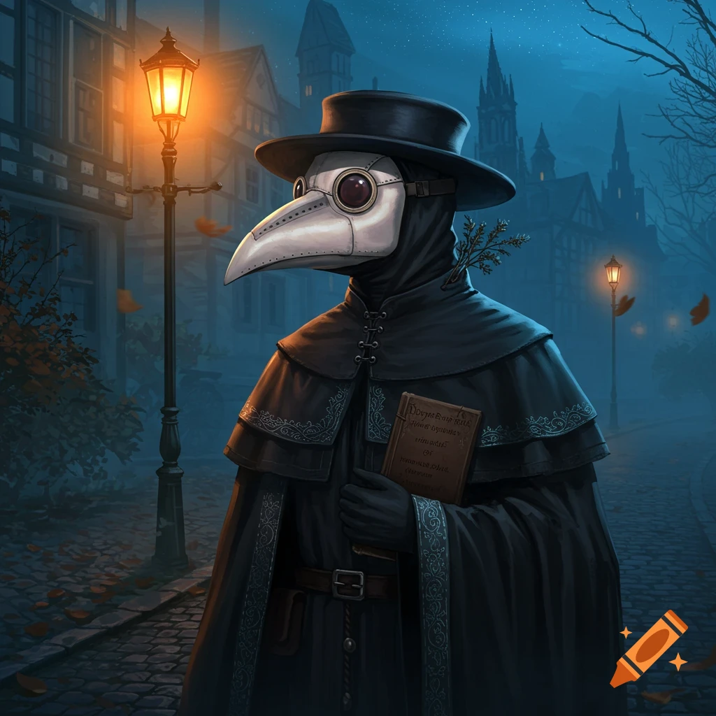 A plague doctor in a black cloak and bird-like mask holds a book on a dark, cobblestone street at night, illuminated by a lamppost, in a dark fantasy illustration style.