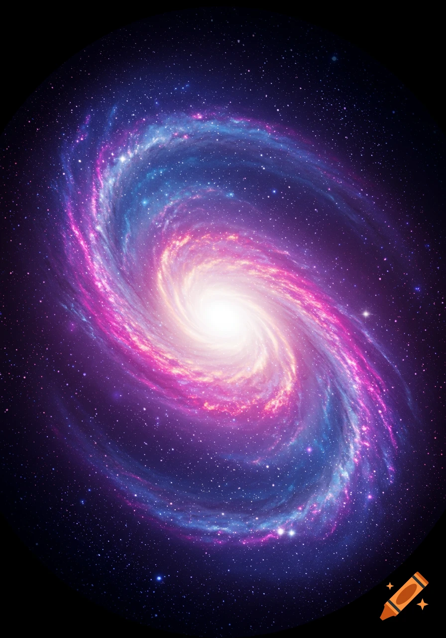 A vibrant spiral galaxy with bright pink, purple, and blue arms swirling around a glowing white core, set against a dark, starry cosmos.