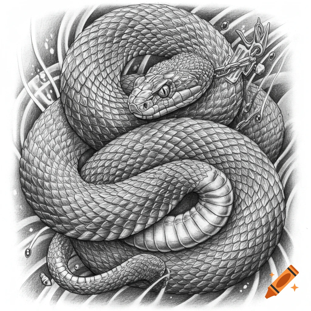 Detailed Snake and Skull Tattoo Design created on Craiyon, image size:1024x1024