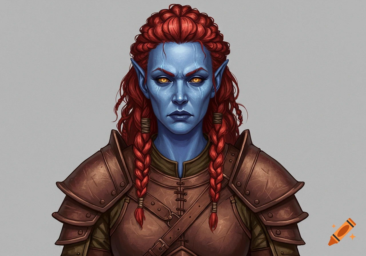 Blue-skinned female Aumaua with red braided hair, yellow eyes, intense expression, wearing leather armor. Digital fantasy illustration.