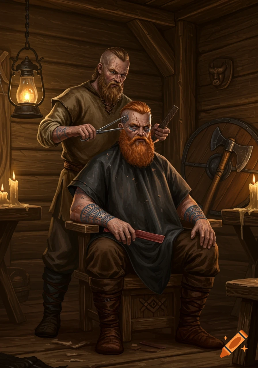 Two Viking men in a rustic wooden cabin, one trimming the other's red beard with scissors and a comb, in a detailed illustration style.