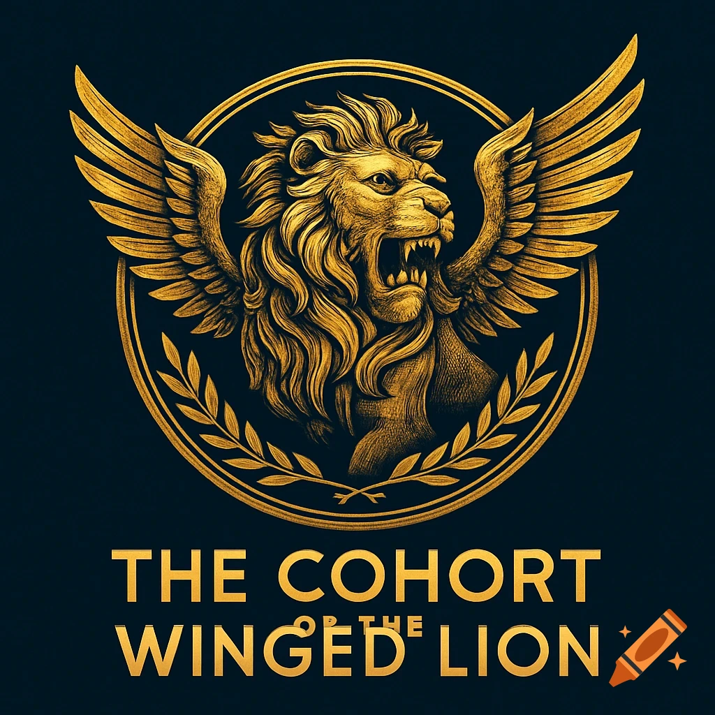 A gold emblem featuring a roaring winged lion's head in a circular frame, with olive branches below. Text reads 'THE COHORT OF THE WINGED LION' below the emblem, all on a dark background.