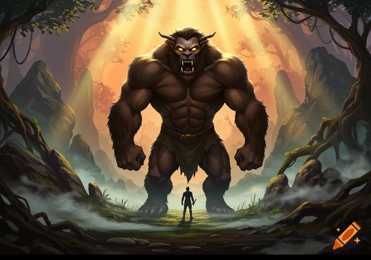 A towering, muscular brown beast with glowing eyes confronts a small human warrior in a mystical forest with sun rays.
