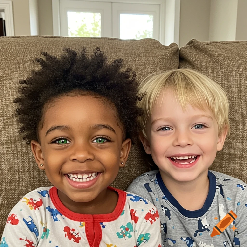 Two smiling young boys, one with dark curly hair and green eyes, the other blonde with blue eyes, sitting on a couch.