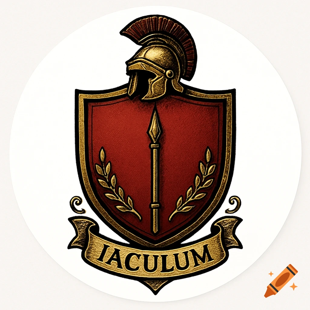 A red and gold heraldic shield with a Roman helmet, spear, laurel wreaths, and 'IACULUM' on a banner.