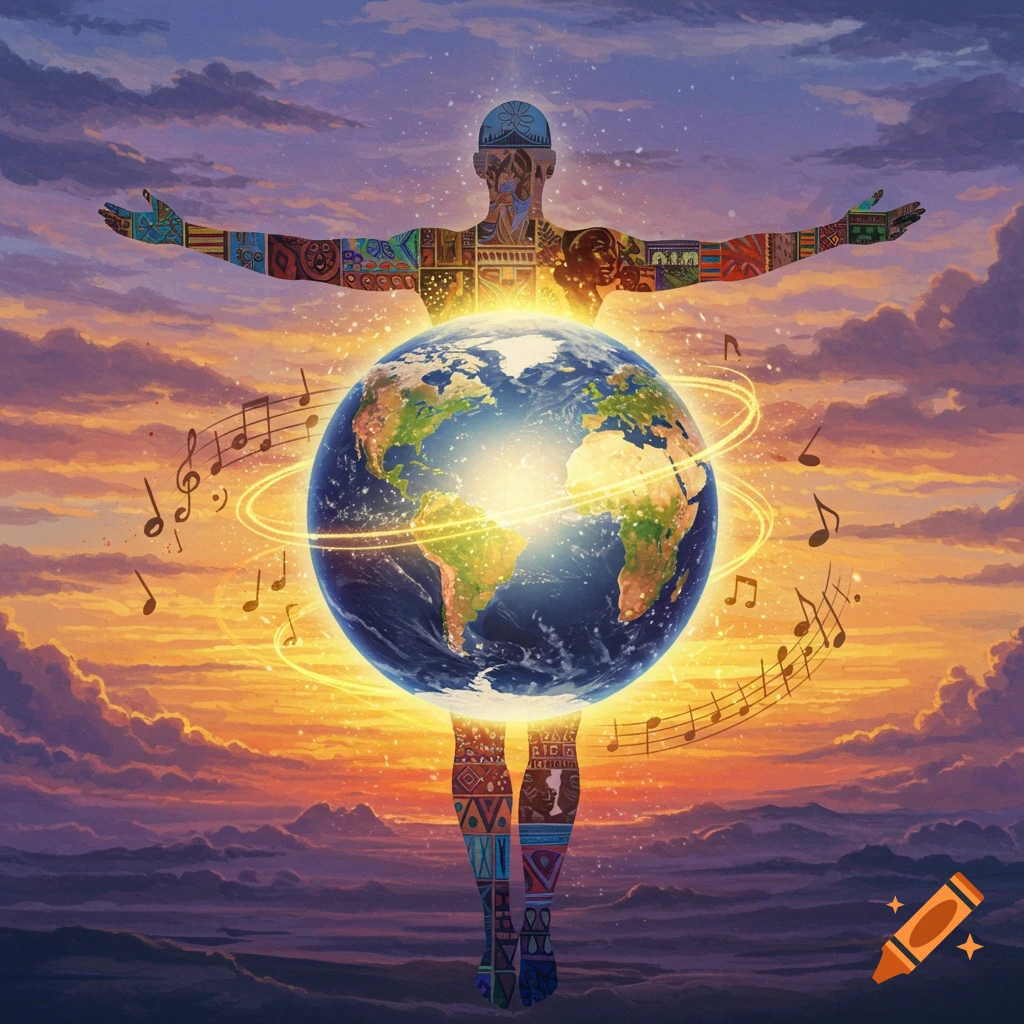 Stylized human figure with patterned skin holding a glowing Earth, surrounded by musical notes against a vibrant sunset sky. Digital art.