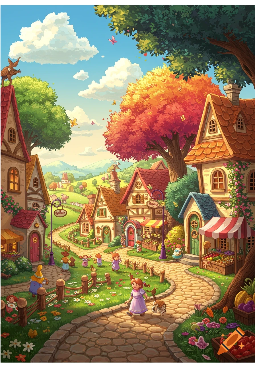 Whimsical cartoon village with colorful houses, winding stone path, children, and a dog, surrounded by trees and butterflies.