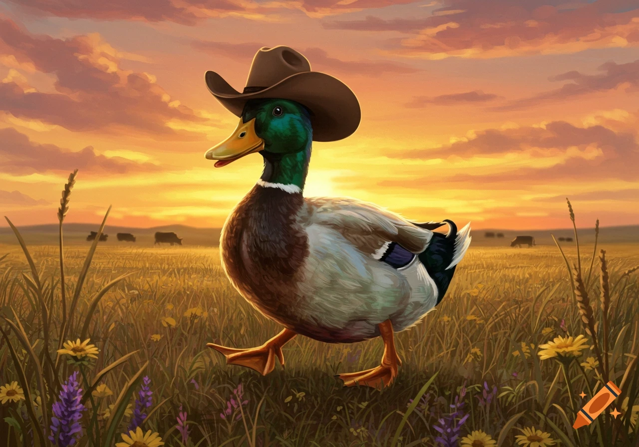 A mallard duck in a cowboy hat walks through a golden field with wildflowers at sunset, with distant cows.