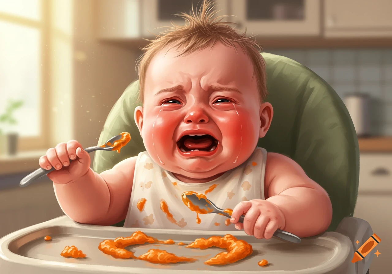 A crying baby with red cheeks and tears, sitting in a high chair, covered in orange food, holding two spoons.
