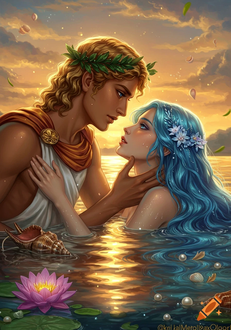 Romantic illustration of a man with a laurel crown and a blue-haired woman in water at sunset, looking at each other.