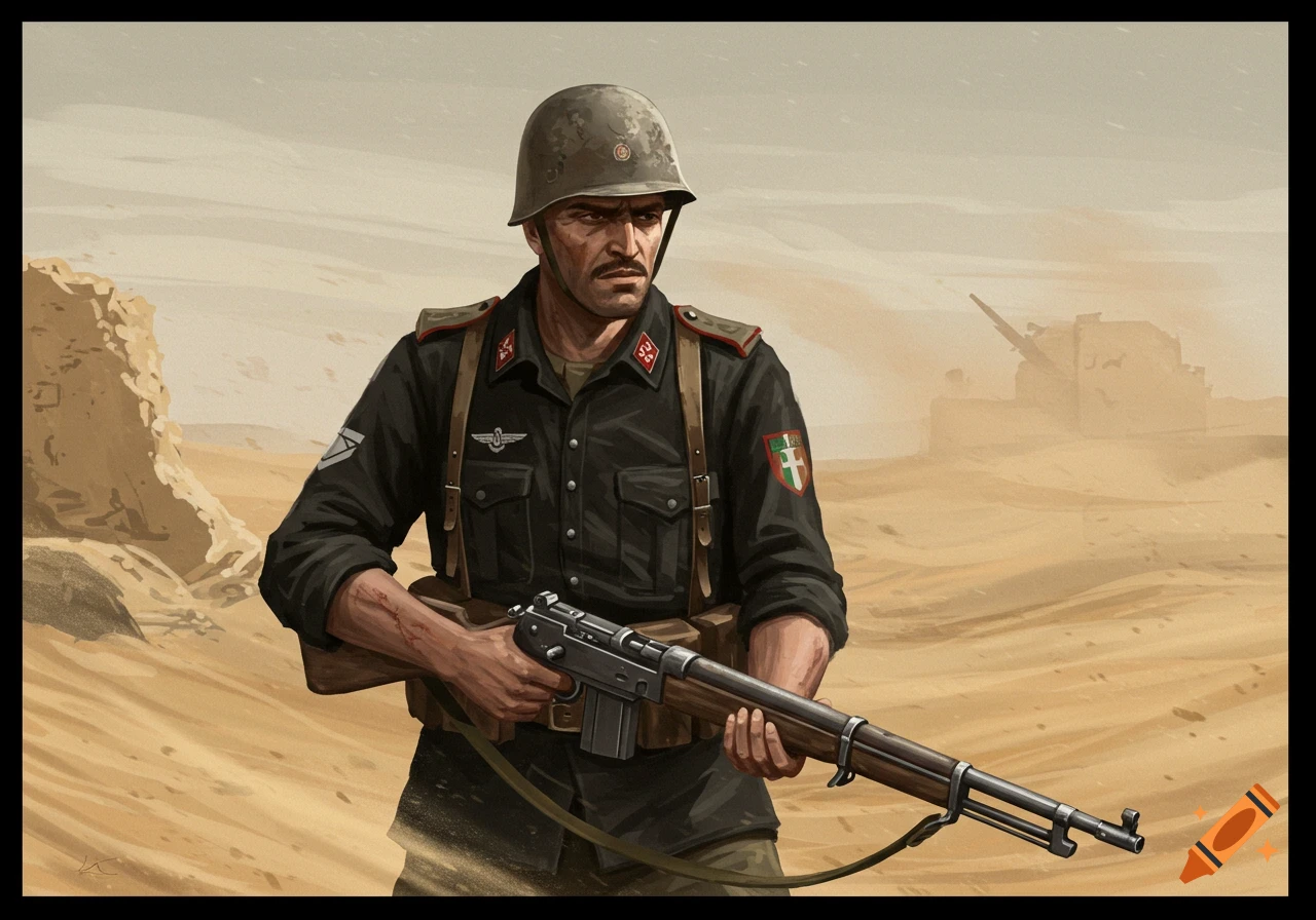 An Italian WWII Blackshirt soldier in a desert environment, holding a Carcano rifle, depicted in a digital painting style.