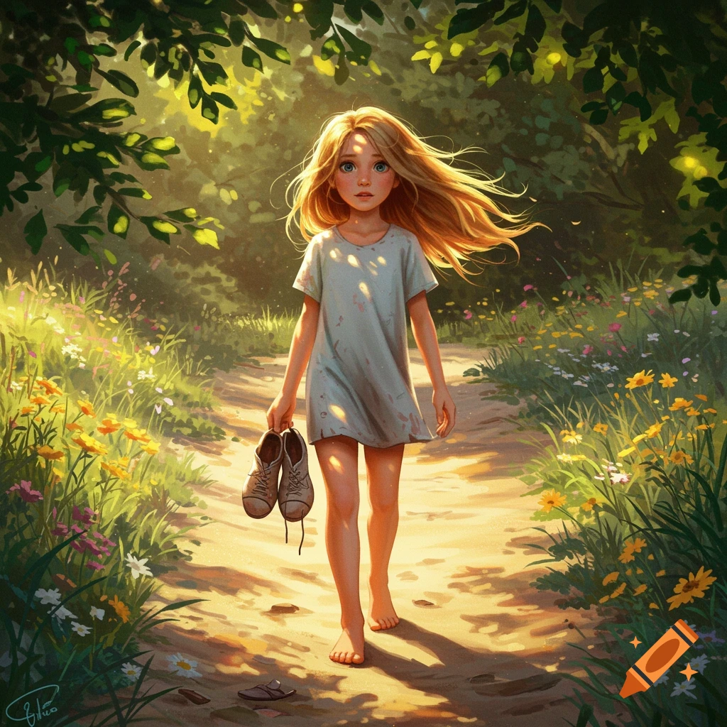 Blonde girl walks barefoot on a sunlit dirt path through a forest meadow, holding her shoes. Illustrated style.