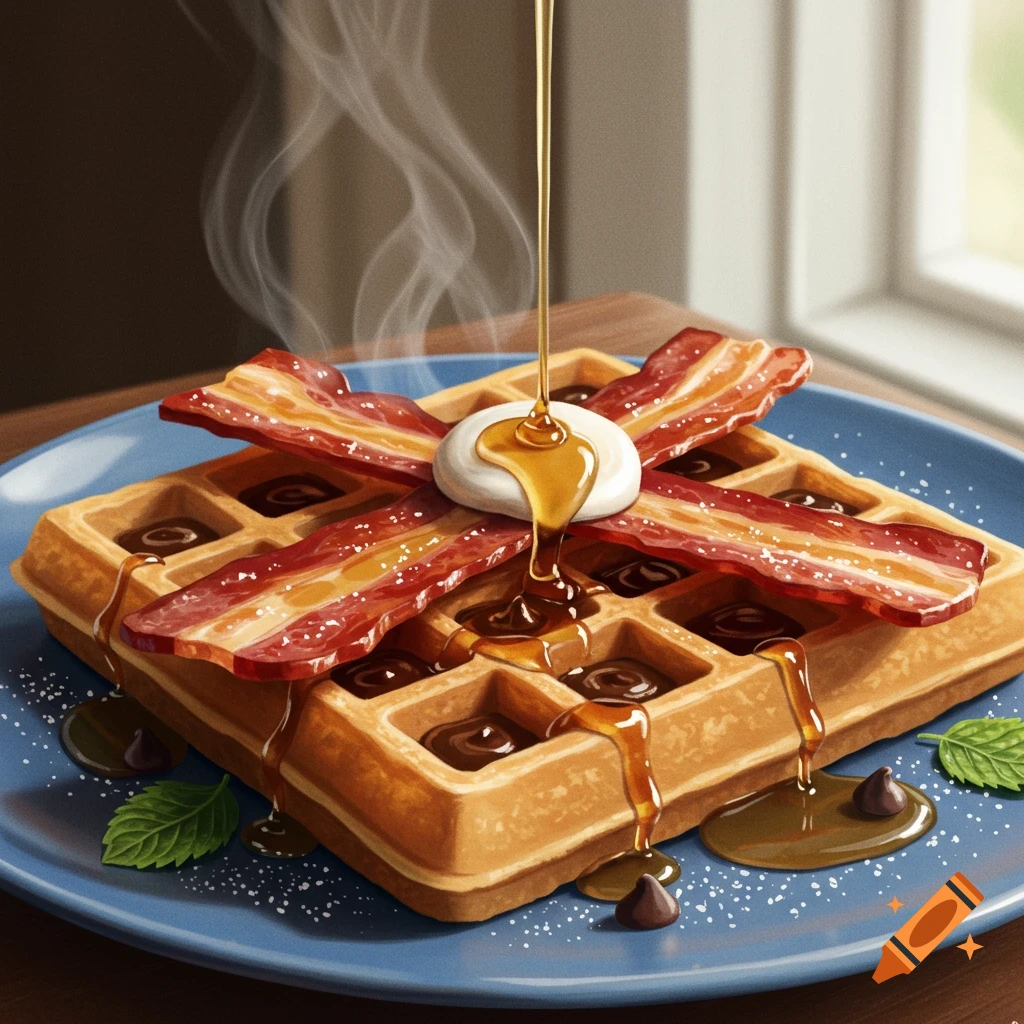 Photorealistic image of a golden waffle topped with crispy bacon and chocolate chips, with golden syrup being poured over a white dollop on a blue plate.