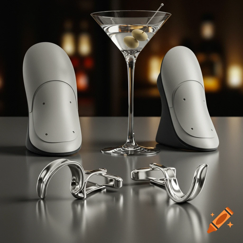 A photorealistic still life featuring silver cufflinks, a martini glass with olives, and two grey stylized objects on a reflective dark surface.