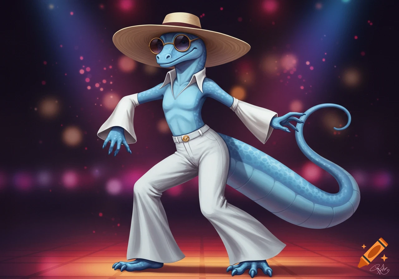 A blue anthropomorphic lizard in 70s disco attire, including a straw hat, sunglasses, white bell-bottoms, and a white shirt, dancing on a spotlighted stage.