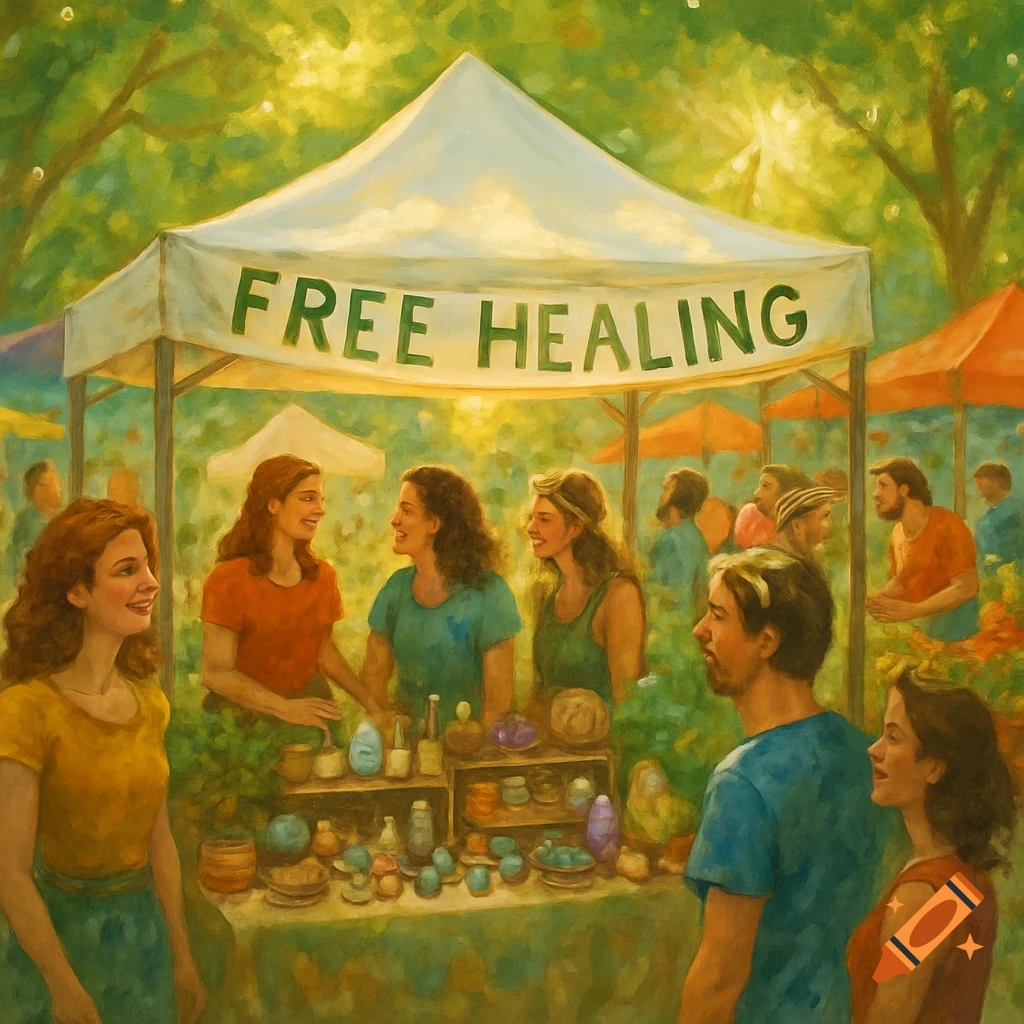 Painterly scene of a busy outdoor market with a tent displaying a 'FREE HEALING' sign, and people browsing goods.