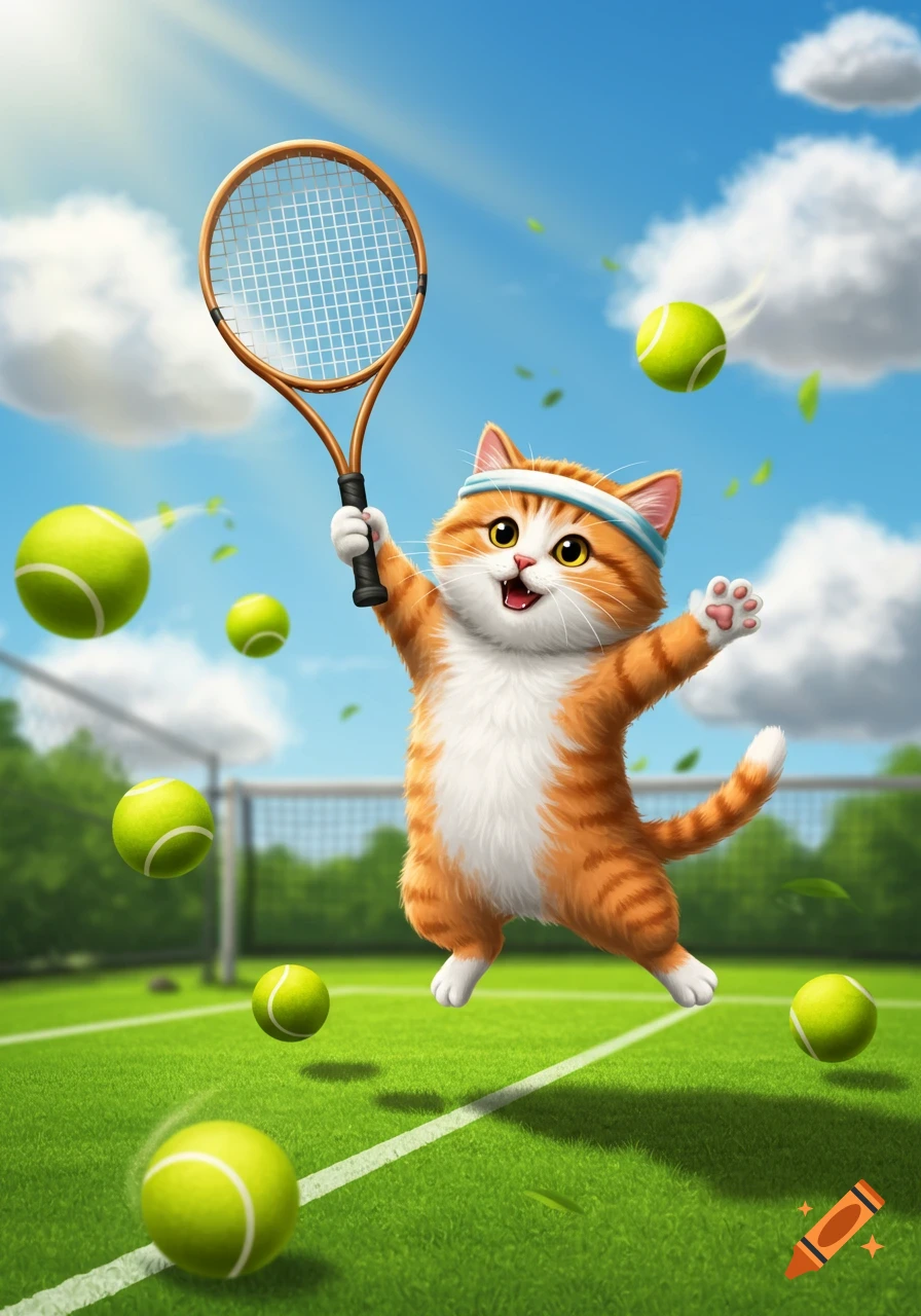 A cute, fluffy orange and white cartoon cat in a blue headband plays tennis on a green court, holding a racket and surrounded by tennis balls under a blue sky.