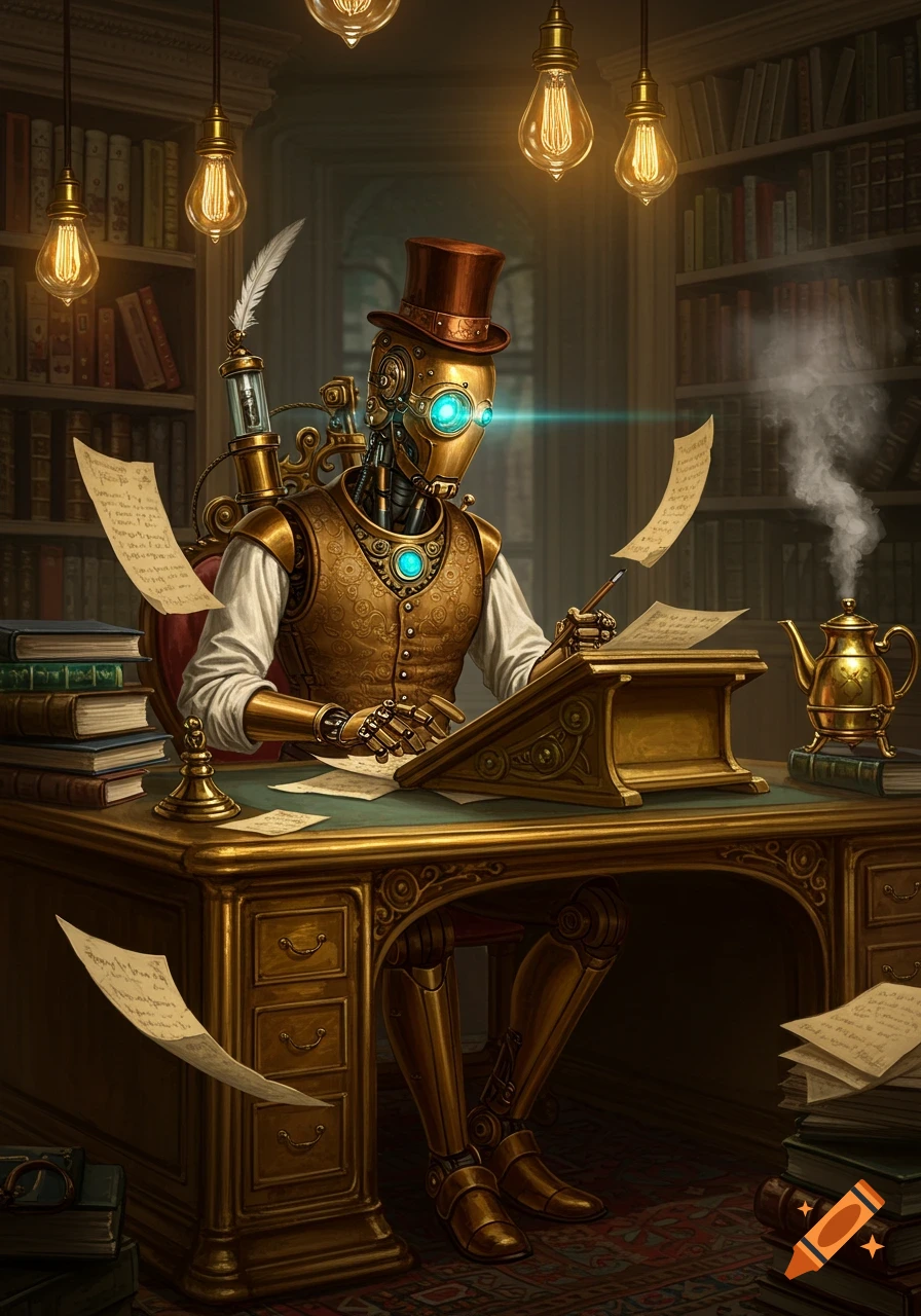 A steampunk robot with glowing blue eyes and a top hat sits at a wooden desk in a lamp-lit library, writing on papers with a quill.