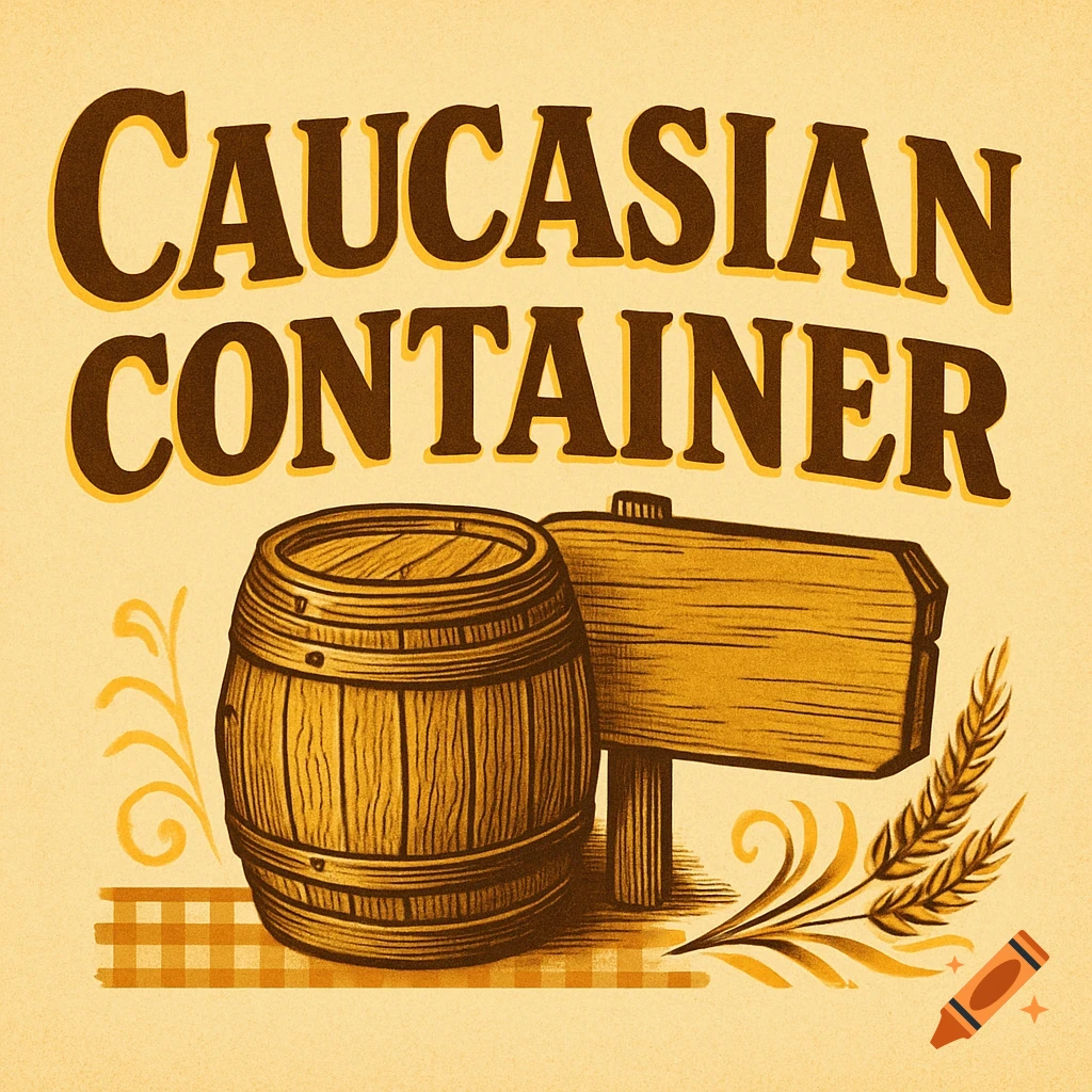 Vintage-style logo with 'CAUCASIAN CONTAINER' text above a wooden barrel and sign, with wheat stalks and a checkered tablecloth.