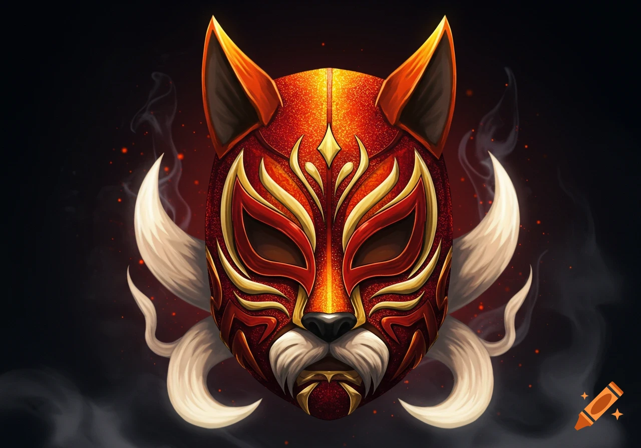 Red and gold sparkling kitsune-themed luchador mask with white wisps on a dark, smoky background.