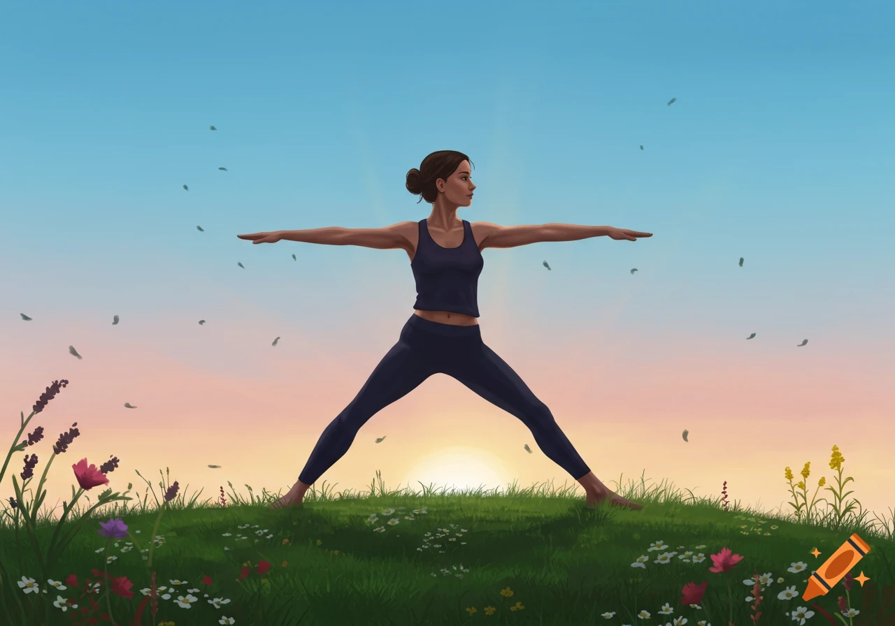 An illustration of a woman in a warrior II yoga pose on a grassy hill with wildflowers at sunrise or sunset.