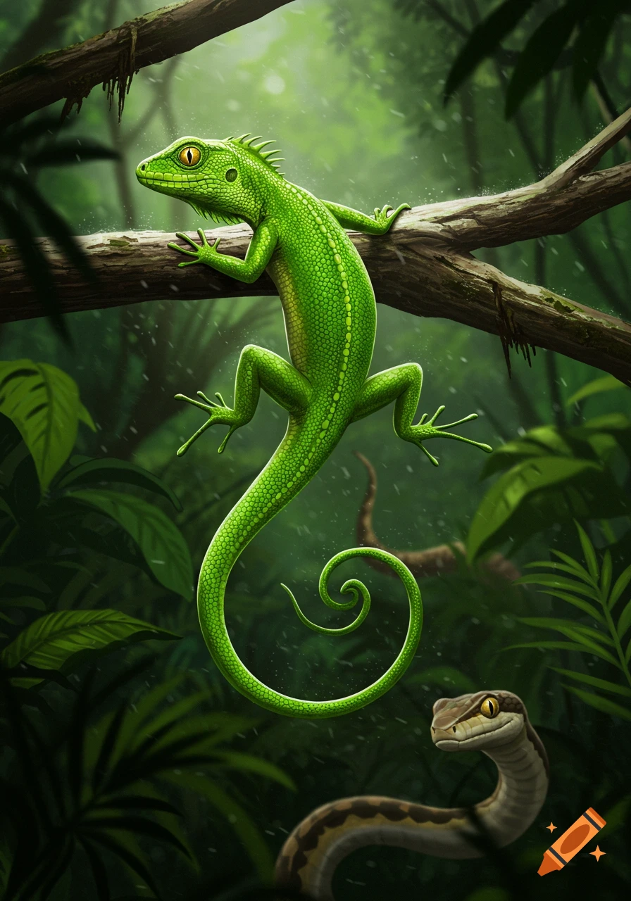 A vibrant green lizard clings to a tree branch above a snake's head in a lush, detailed jungle scene.