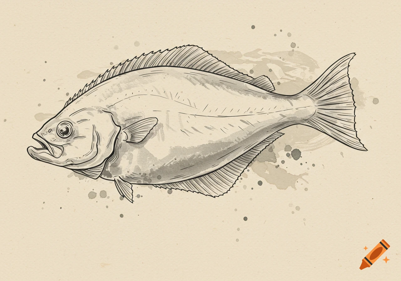 Monochrome illustration of a halibut in a gyotaku style, with line art and watercolor textures on a light background.