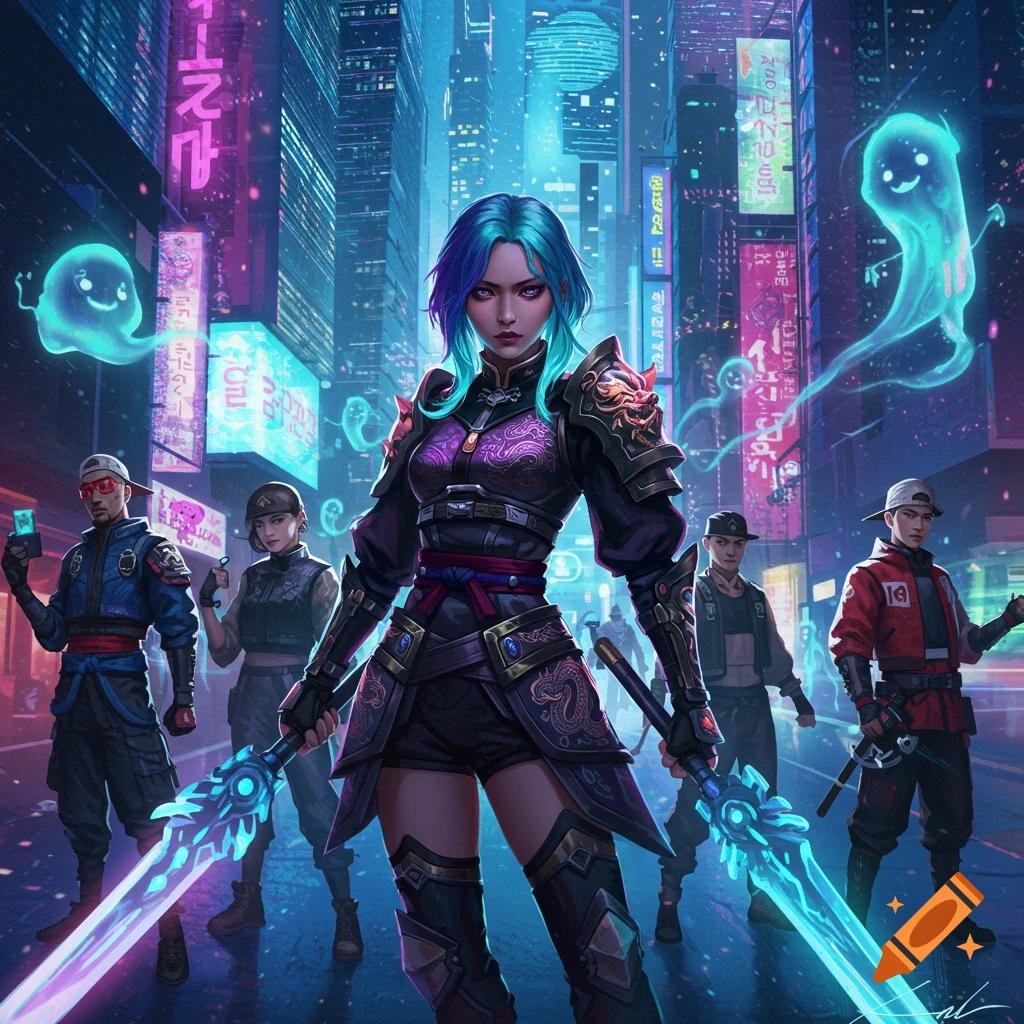 A group of K-pop inspired demon hunters in a neon-lit cyberpunk city, with a teal-haired woman in the foreground holding glowing swords.