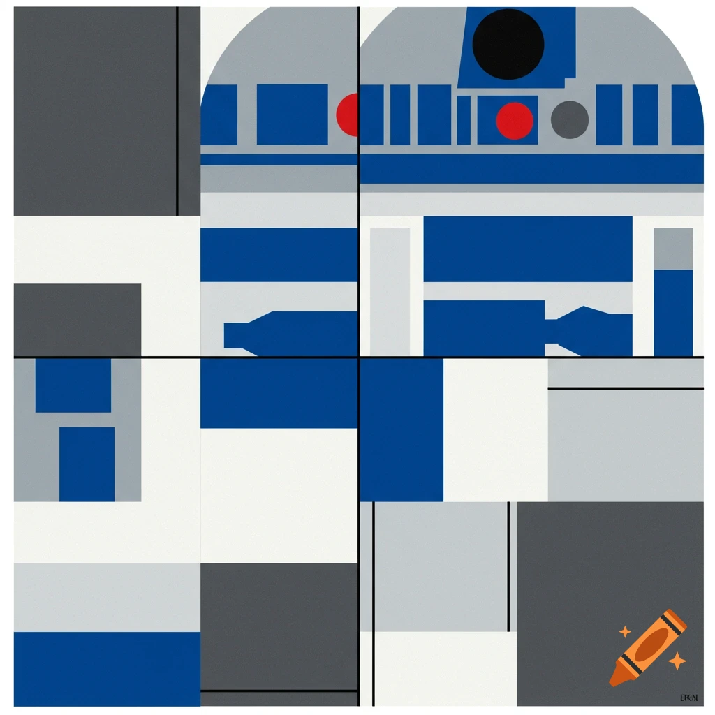A very simple geometric design in blue, white, gray, and red, resembling R2D2 from Star Wars in a quilt pattern.