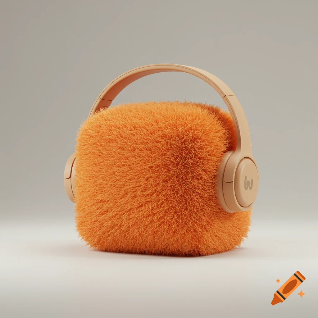 An orange fuzzy cube wearing tan over-ear headphones, set against a plain beige background.