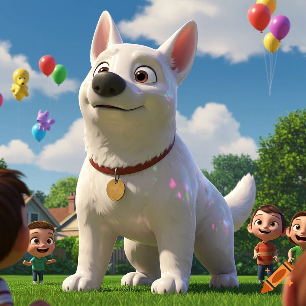 A large white cartoon dog, Bolt, smiles on green grass with happy children and colorful balloons under a blue sky, in CGI style.